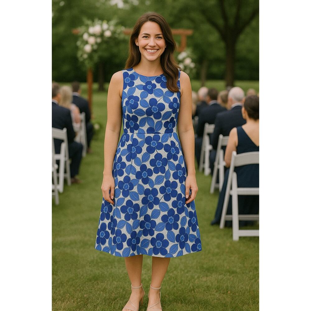 Cremieux Blue and White Mesh Floral  Dress - Size 6